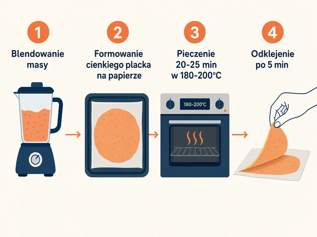 Infografika przedstawiająca cztery kroki przygotowania tortilli z serka wiejskiego: blendowanie, formowanie, pieczenie, odklejanie