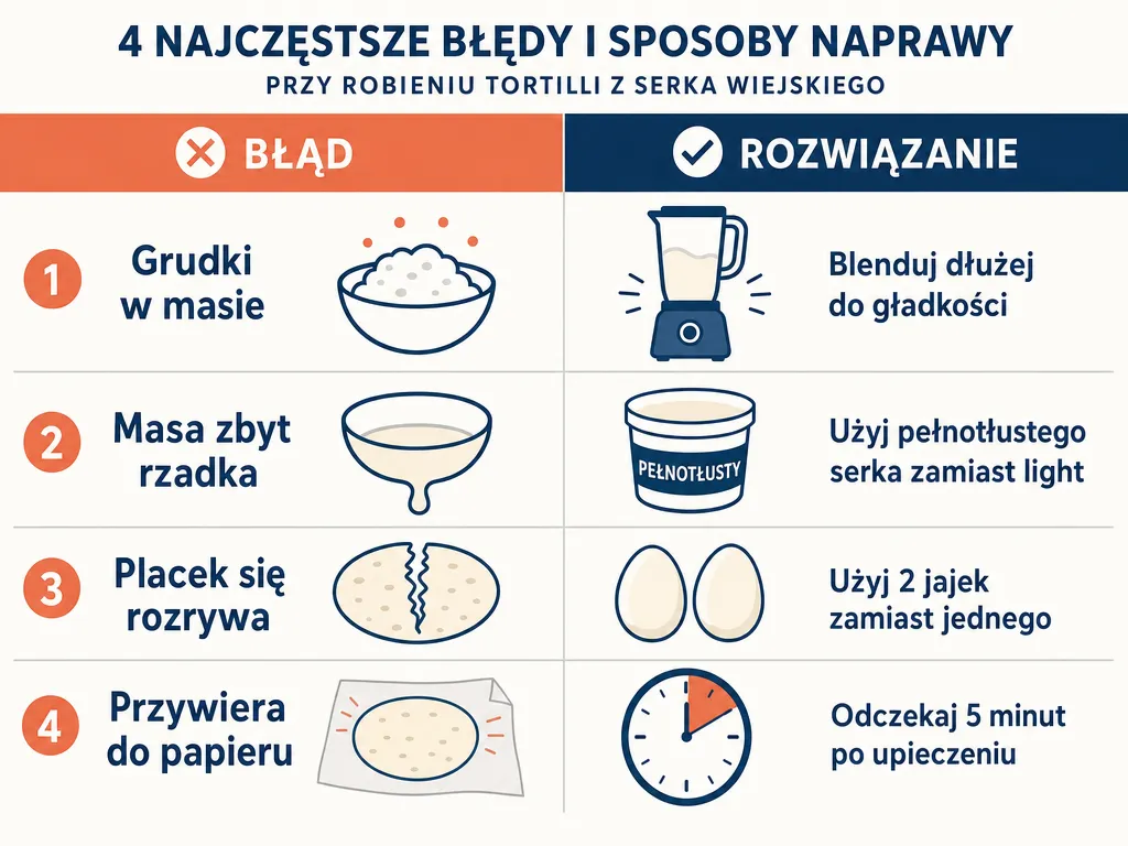 Infografika z najczęstszymi błędami przy tortilli z serka wiejskiego i sposobami ich naprawy w układzie problem-rozwiązanie