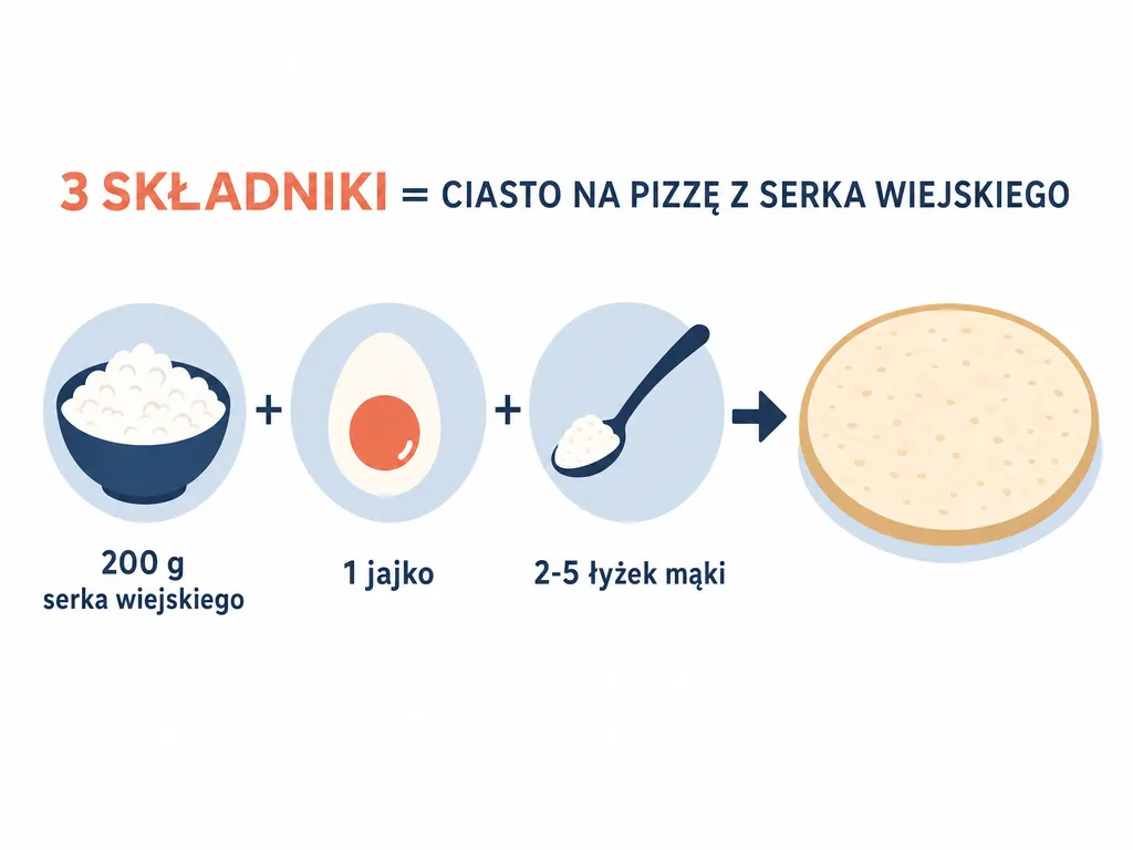 Infografika przedstawiająca trzy składniki spodu pizzy z serka wiejskiego: serek, jajko i mąka