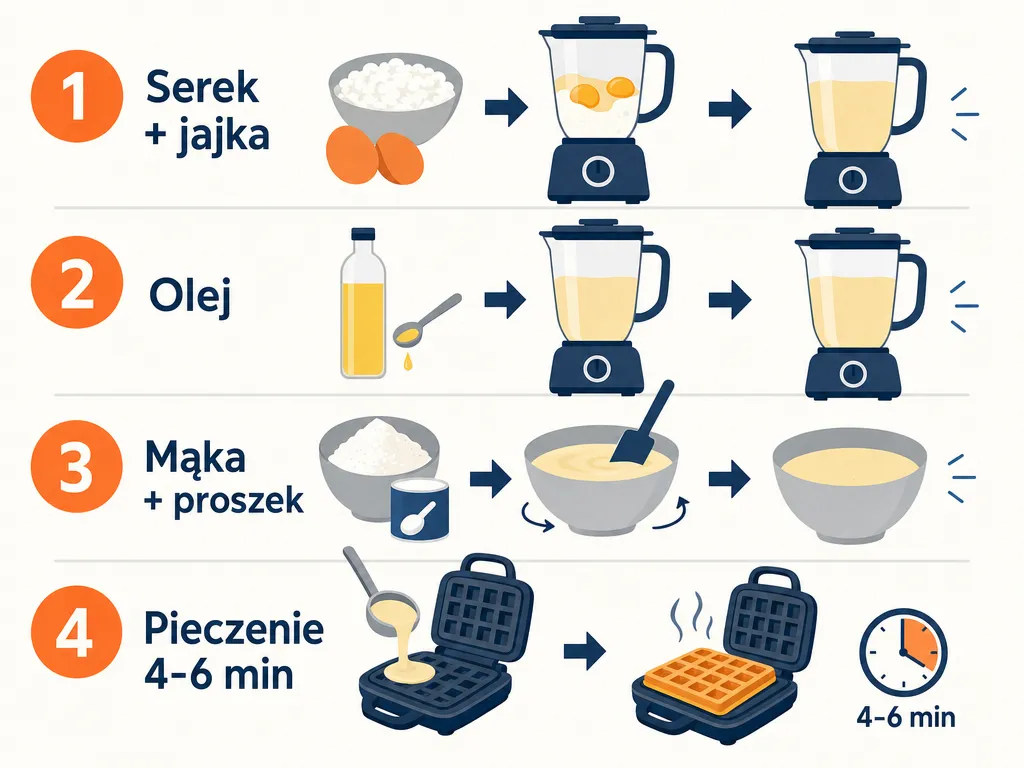 Diagram krok po kroku przygotowania gofrów z serka wiejskiego: serek z jajkami, olej, mąka, pieczenie