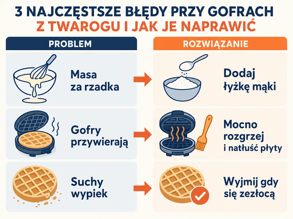 Infografika trzech najczęstszych błędów przy gofrach z serka wiejskiego i sposobów ich naprawy