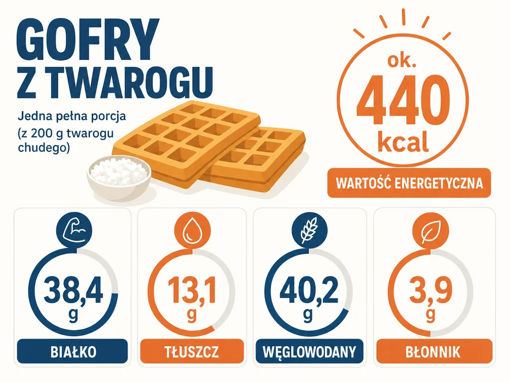 Infografika wartości odżywczych porcji gofrów z serka wiejskiego: 38,4 g białka, 440 kcal