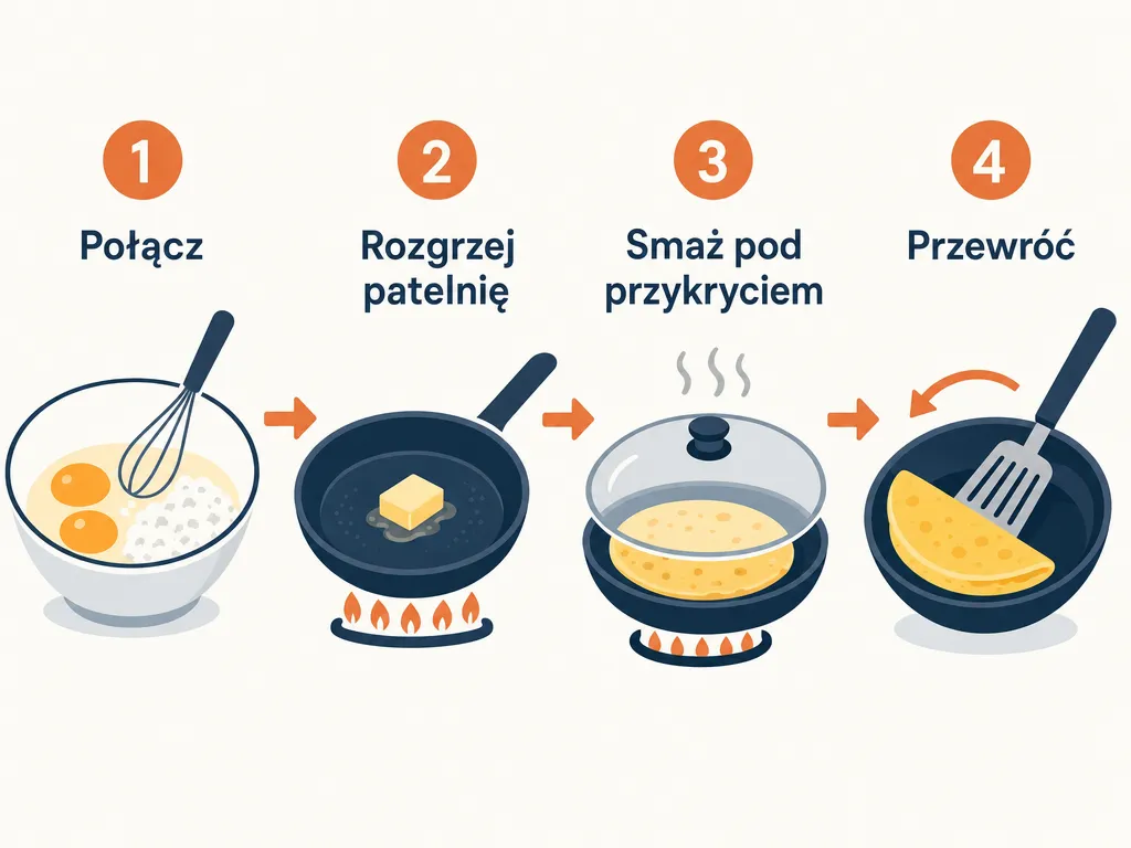 Infografika przedstawiająca cztery kroki przygotowania omletu z serka wiejskiego na patelni