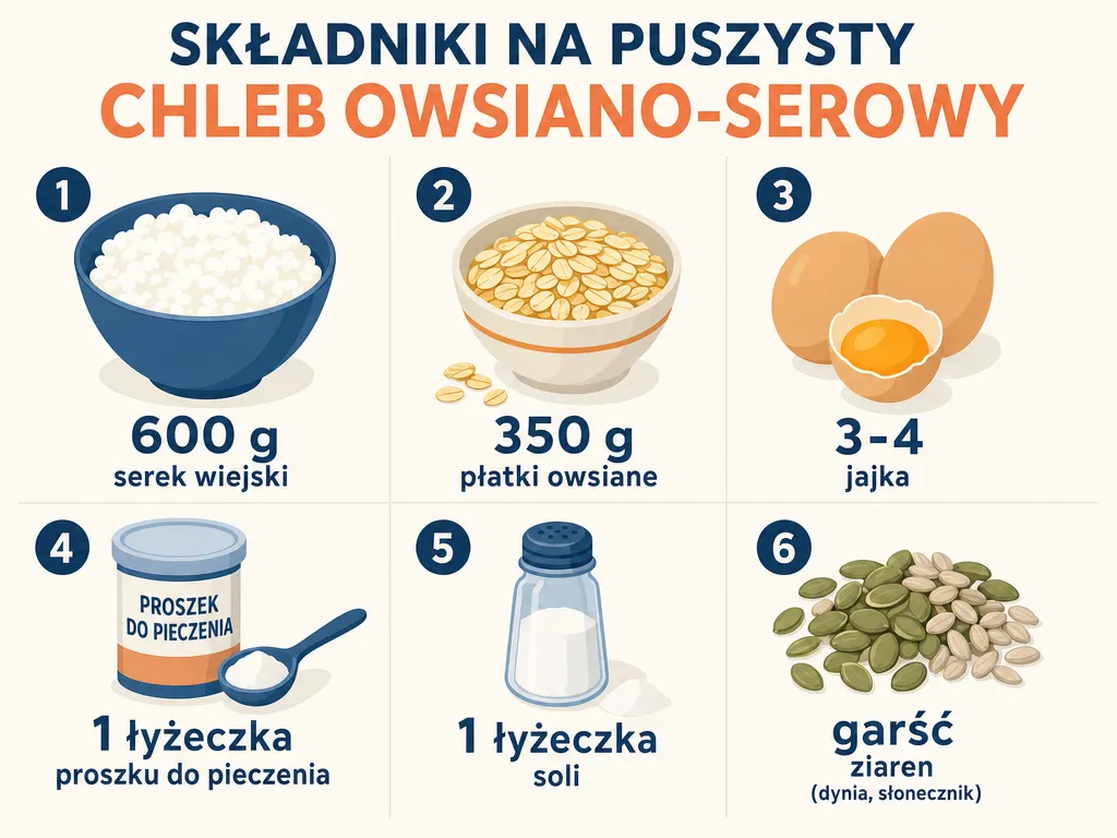 Infografika przedstawiająca składniki na puszysty bochenek owsiany z serka wiejskiego wraz z ilościami