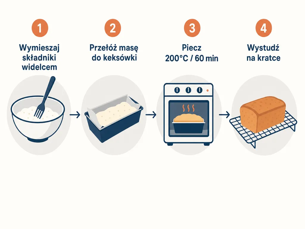 Diagram krok po kroku przygotowania puszystego chleba z serka wiejskiego w keksówce