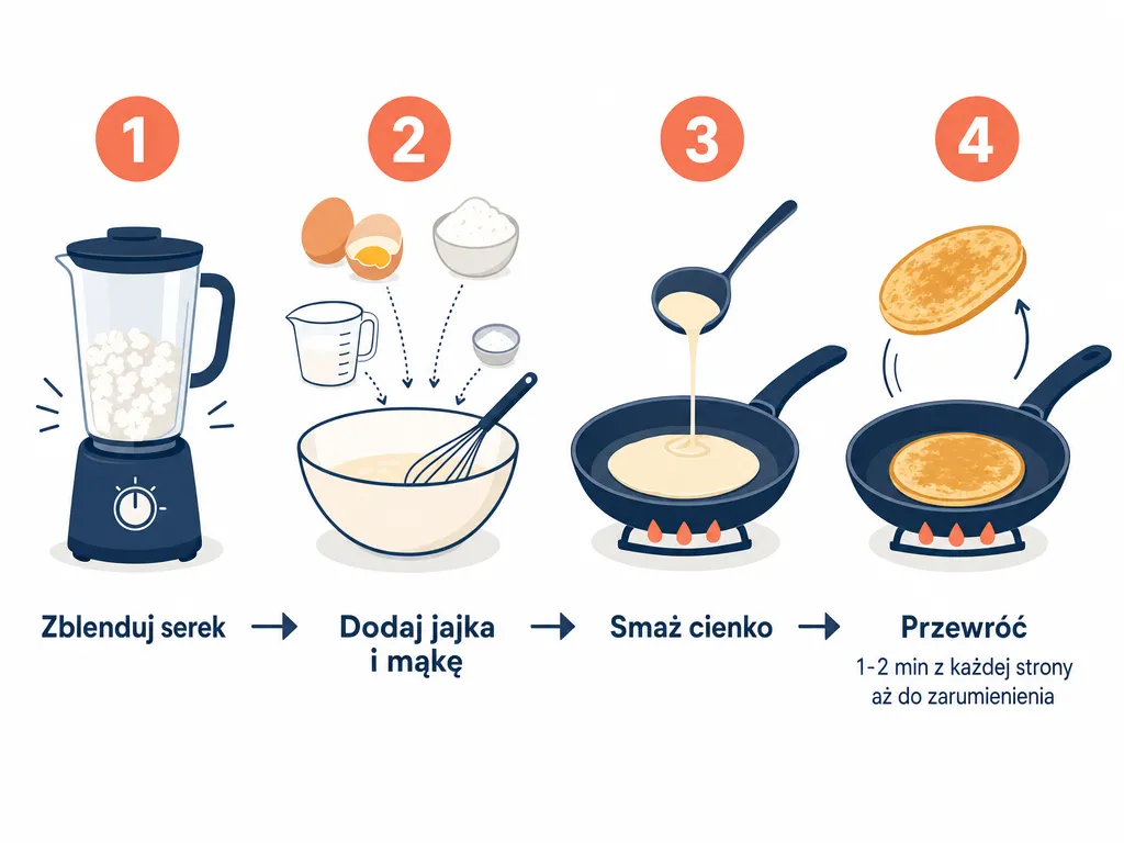 Infografika przedstawiająca cztery kroki przygotowania naleśników z serka wiejskiego od blendowania po smażenie