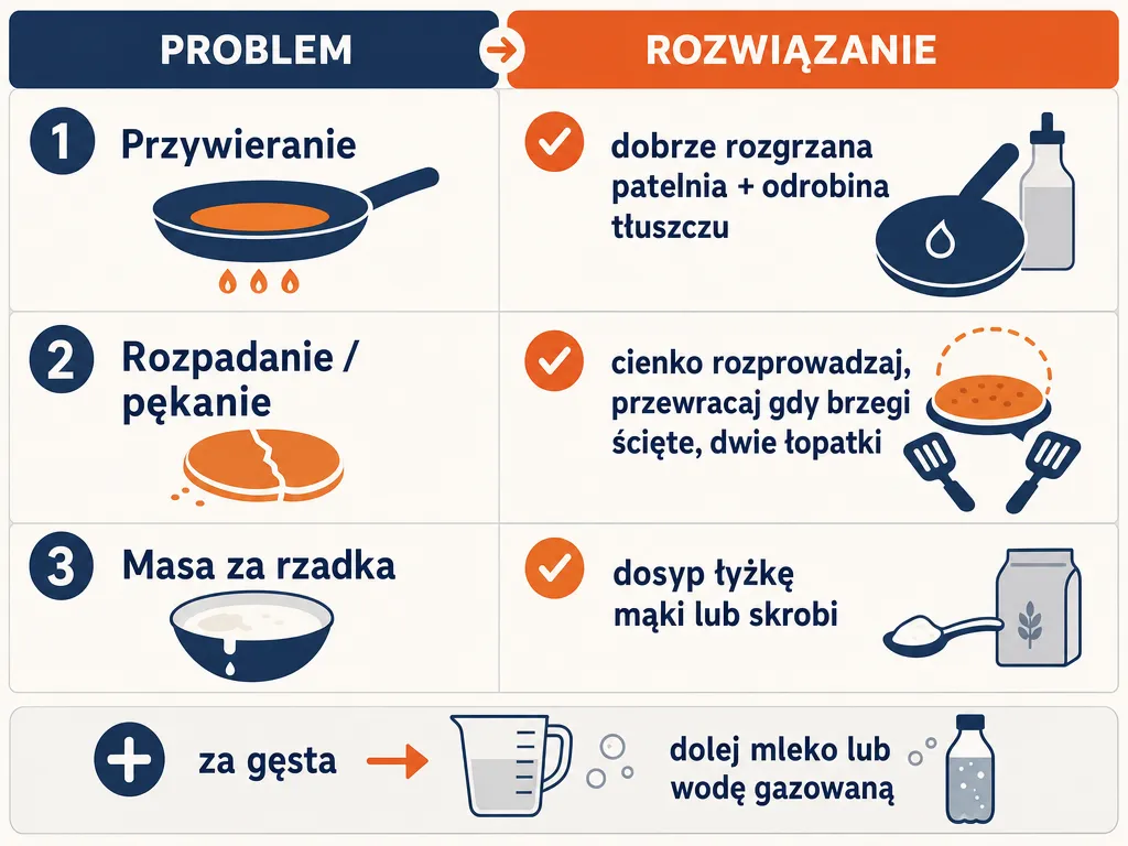 Infografika z trzema najczęstszymi błędami przy smażeniu naleśników z serka i szybkimi rozwiązaniami