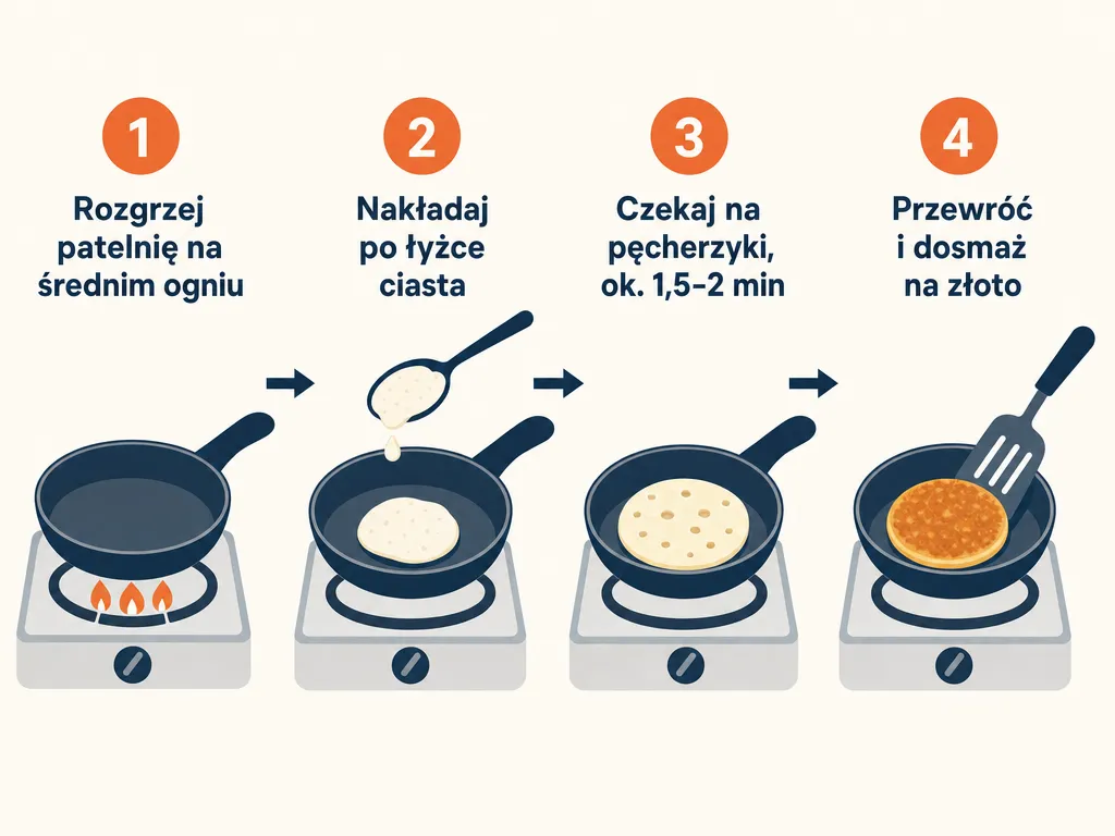 Diagram krok po kroku pokazujący smażenie placuszków z serka wiejskiego bez przypalania