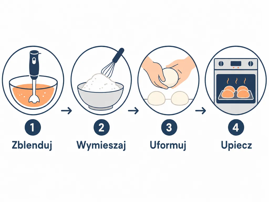 Infografika przedstawiająca cztery kroki przygotowania bułeczek z serka wiejskiego: blendowanie, mieszanie, formowanie i pieczenie