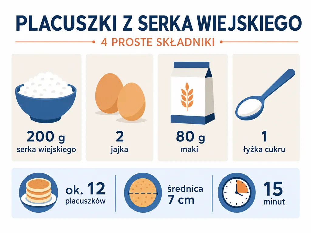 Infografika przedstawiajaca cztery skladniki na placuszki z serka wiejskiego z proporcjami
