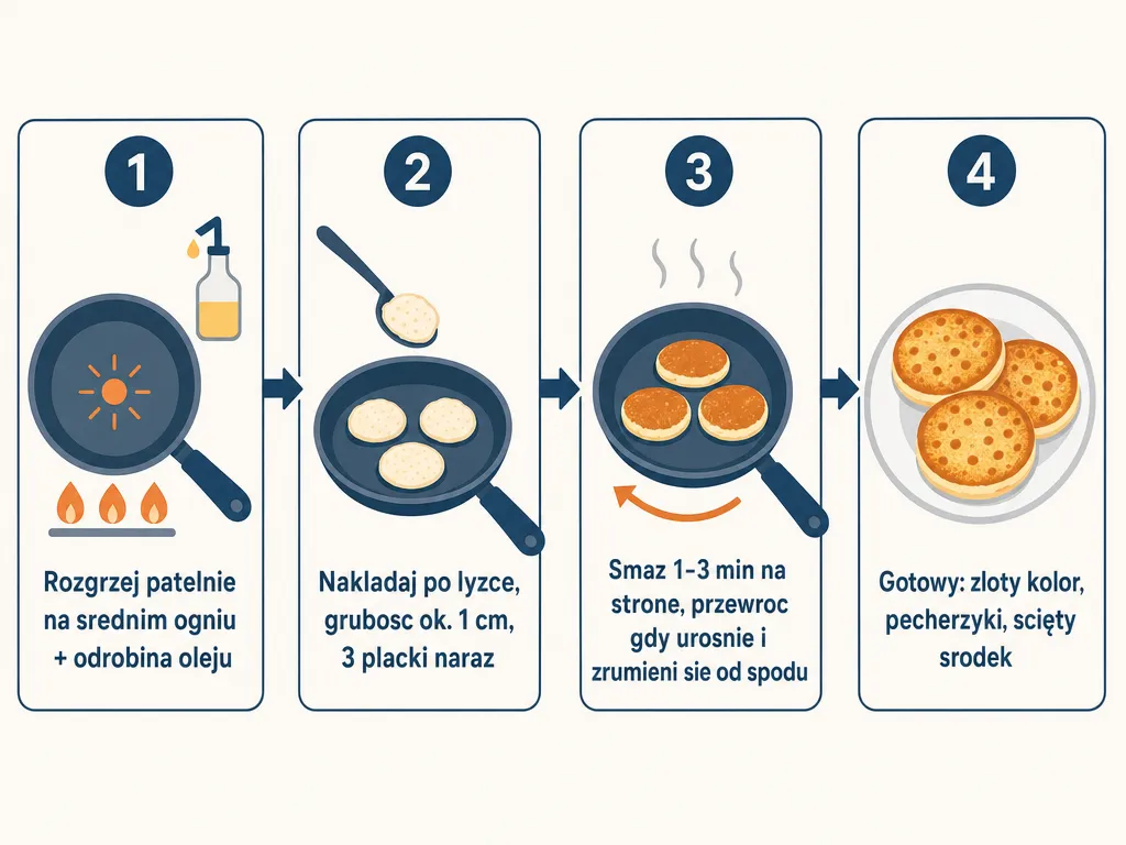 Diagram krok po kroku pokazujacy smazenie placuszkow z serka wiejskiego na patelni