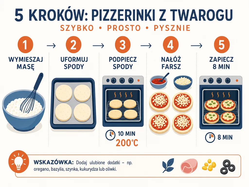 Infografika przedstawiająca 5 kroków przygotowania pizzerinek z serka wiejskiego