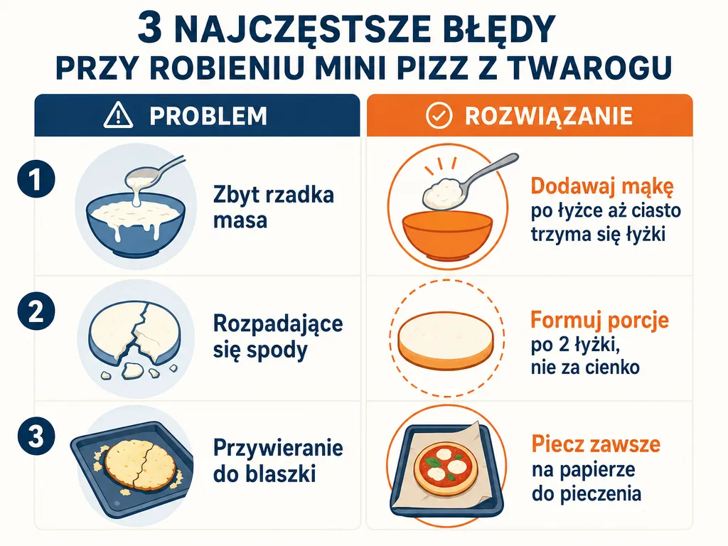Infografika przedstawiająca trzy najczęstsze błędy przy robieniu pizzerinek i sposoby ich naprawy