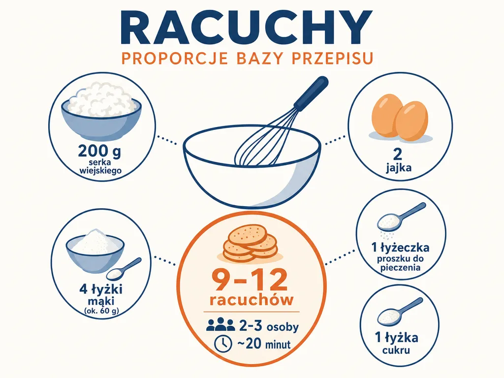 Infografika przedstawiająca proporcje składników na racuchy z serka wiejskiego: 200 g serka, 2 jajka, 4 łyżki mąki