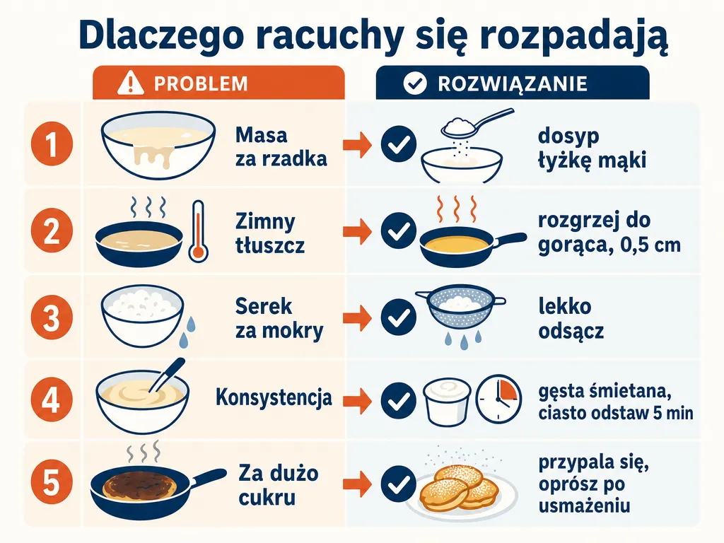 Infografika z listą najczęstszych błędów przy racuchach i sposobów ich naprawy