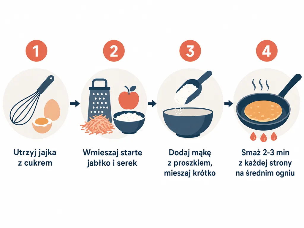 Diagram krok po kroku przygotowania placków z serka wiejskiego z jabłkami