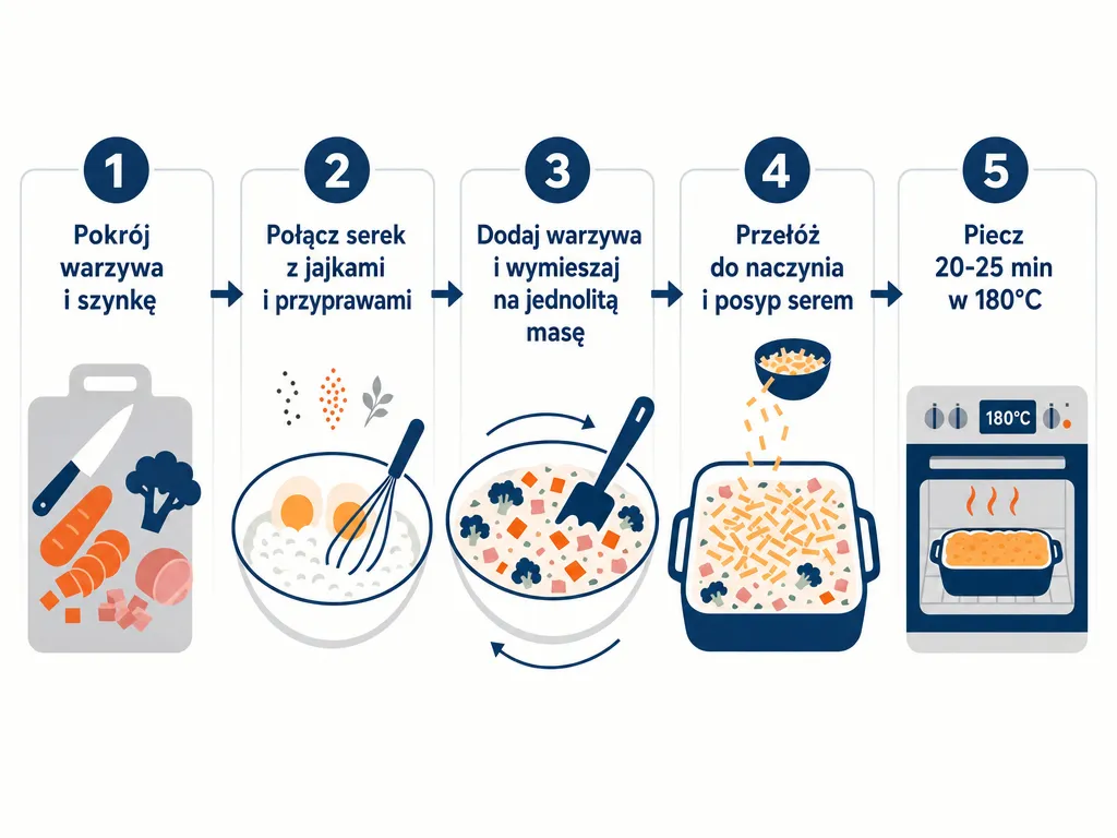 Diagram krok po kroku przygotowania zapiekanki z serka wiejskiego w pięciu etapach