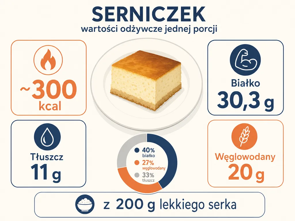 Infografika przedstawiająca wartości odżywcze porcji sernika z serka wiejskiego: 300 kcal, 30,3 g białka, 11 g tłuszczu, 20 g węglowodanów