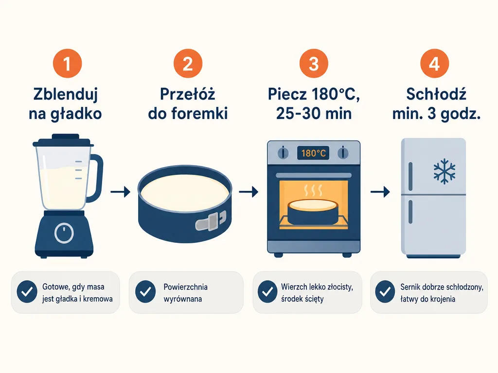 Diagram czterech kroków przygotowania sernika z serka wiejskiego: blendowanie, przełożenie do foremki, pieczenie w 180°C, chłodzenie w lodówce