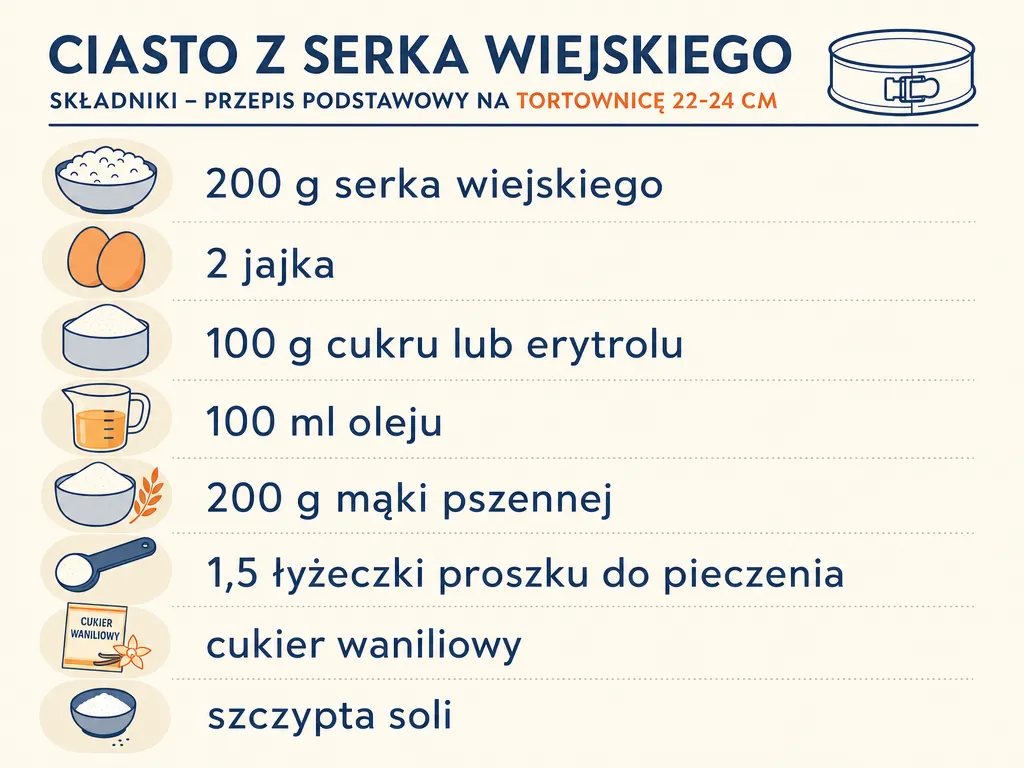 Infografika z listą składników na ciasto z serka wiejskiego dla tortownicy 22-24 cm