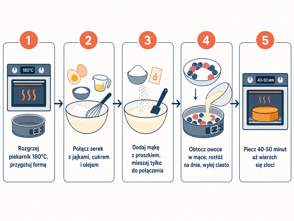 Diagram procesu przygotowania ciasta z serka wiejskiego w pięciu krokach