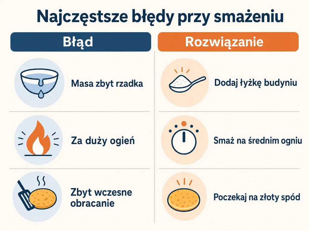 Infografika zestawiająca najczęstsze błędy przy smażeniu placków i sposoby ich uniknięcia