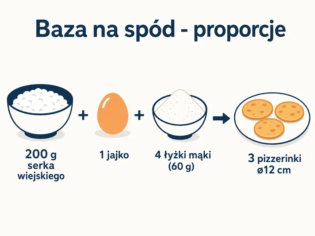 Infografika przedstawiająca proporcje bazy na spód pizzy z serka wiejskiego: 200 g serka, 1 jajko i 60 g mąki