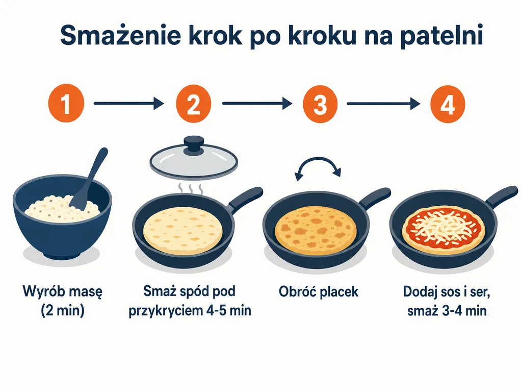 Diagram czterech kroków smażenia pizzy z serka wiejskiego na patelni: wyrabianie masy, smażenie spodu, obracanie i dodawanie sera