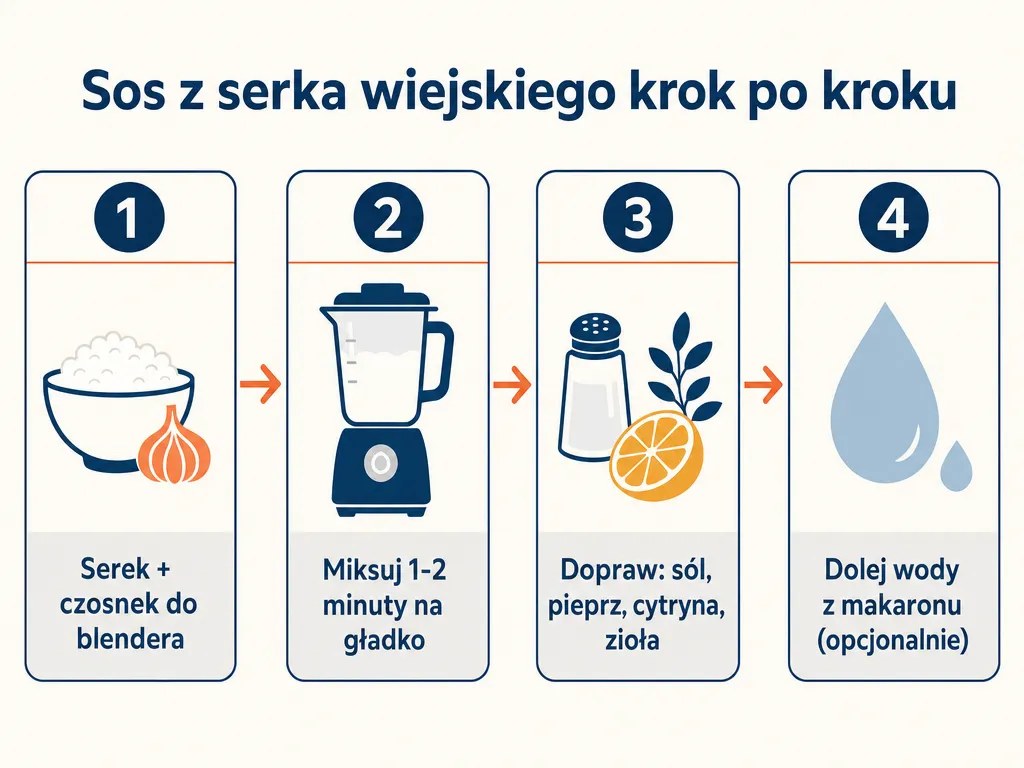 Diagram czterech kroków przygotowania sosu z serka wiejskiego: blendowanie, doprawianie, dolewanie wody