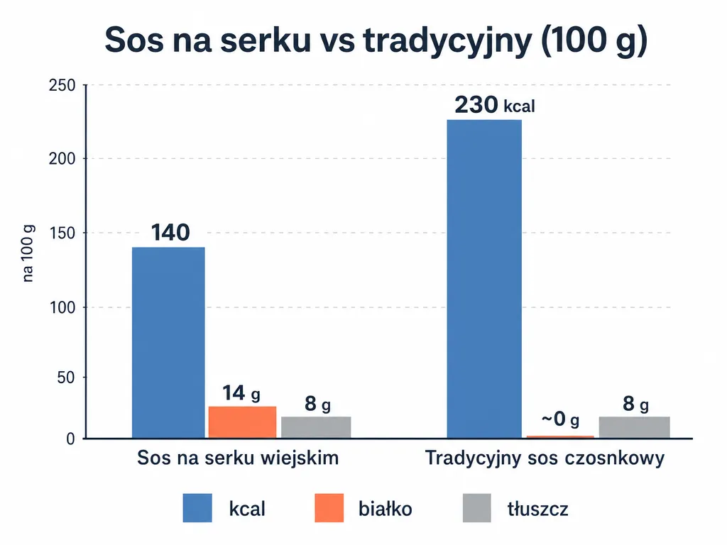 Wykres słupkowy porównujący kalorie, białko i tłuszcz w sosie na serku wiejskim i tradycyjnym sosie czosnkowym