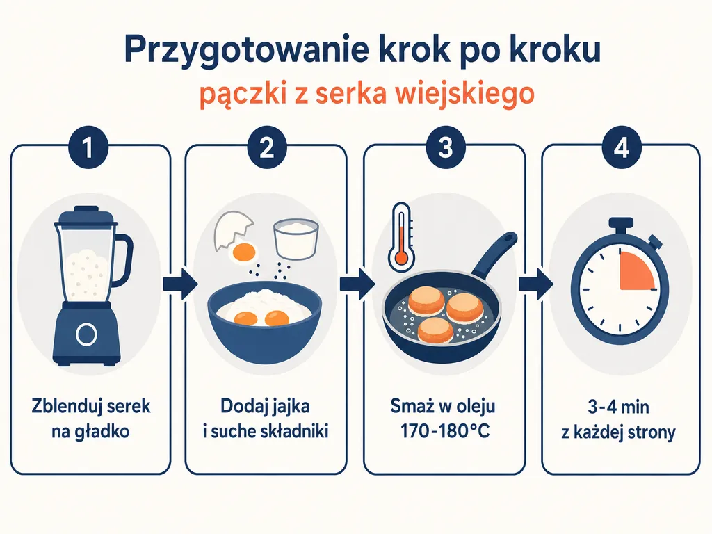 Diagram czterech kroków przygotowania pączków z serka wiejskiego od blendowania do smażenia