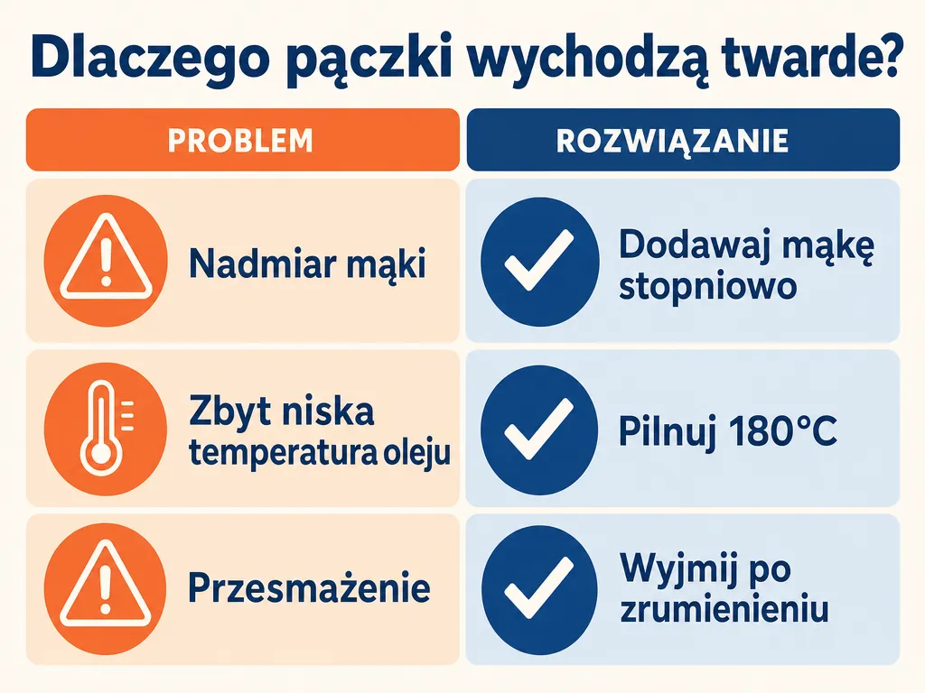 Infografika zestawiająca trzy przyczyny twardych pączków z serka wiejskiego i sposoby ich uniknięcia