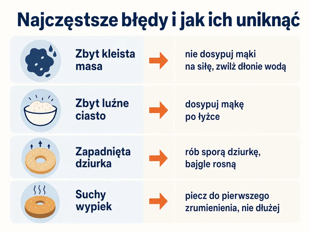 Infografika z najczęstszymi błędami przy pieczeniu bajgli z serka wiejskiego i sposobami ich uniknięcia