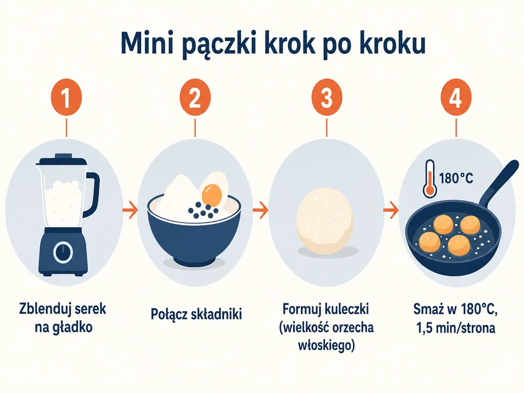 Infografika przedstawiająca cztery kroki przygotowania mini pączków z serka wiejskiego