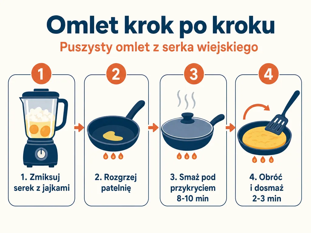 Infografika przedstawiająca cztery kroki przygotowania puszystego omletu z serka wiejskiego