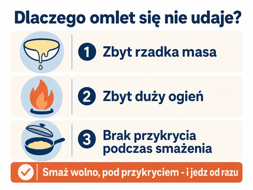 Infografika wymieniająca trzy najczęstsze błędy sprawiające, że omlet z serka wiejskiego nie jest puszysty