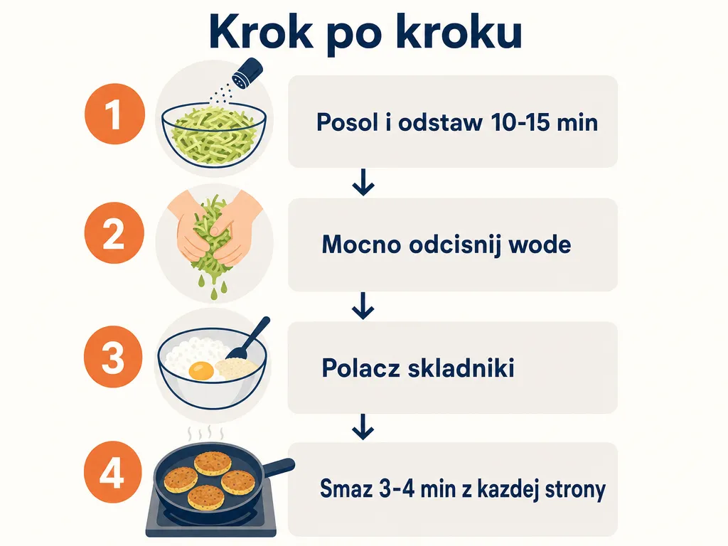 Diagram czterech kroków przygotowania kotletów z serka wiejskiego: solenie, odciskanie cukinii, łączenie składników i smażenie