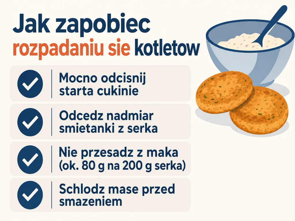 Infografika z czterema sposobami, jak zapobiec rozpadaniu się kotletów z serka wiejskiego