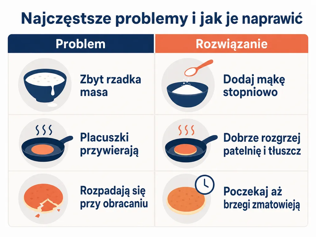 Infografika zestawiająca problemy z placuszkami i sposoby ich naprawienia