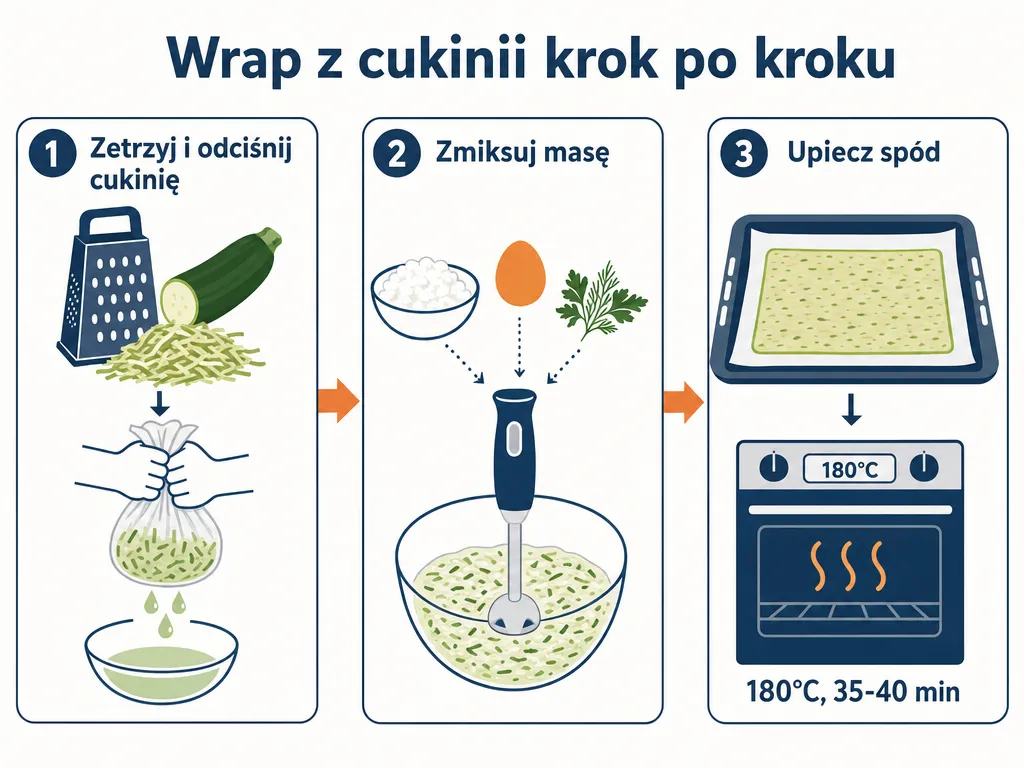 Diagram trzech kroków przygotowania wrapa z cukinii i serka wiejskiego: odciśnięcie, miksowanie, pieczenie