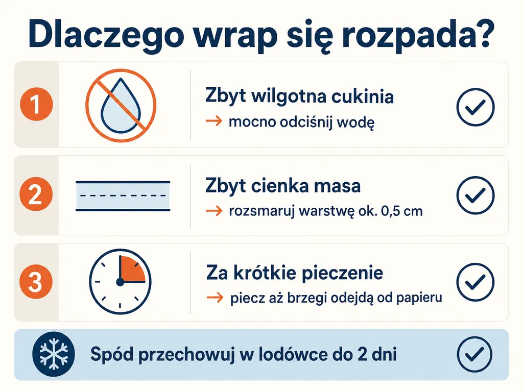 Infografika z trzema najczęstszymi przyczynami rozpadania się wrapa z cukinii i sposobami ich uniknięcia