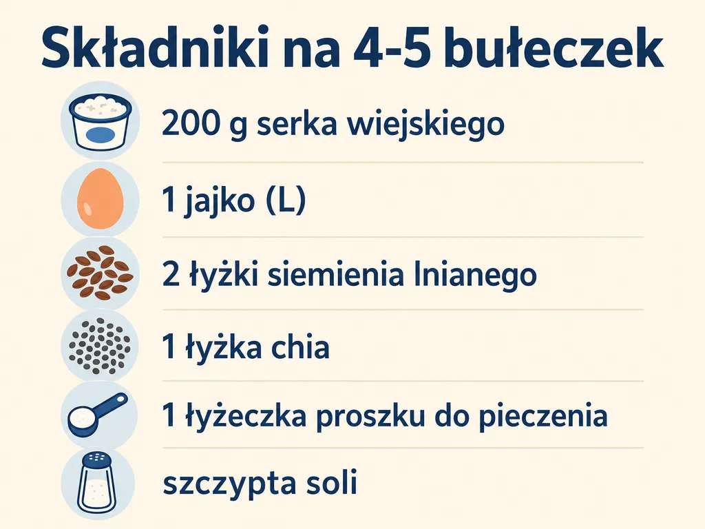 Infografika przedstawiająca składniki podstawowe na bułki z serka wiejskiego bez mąki