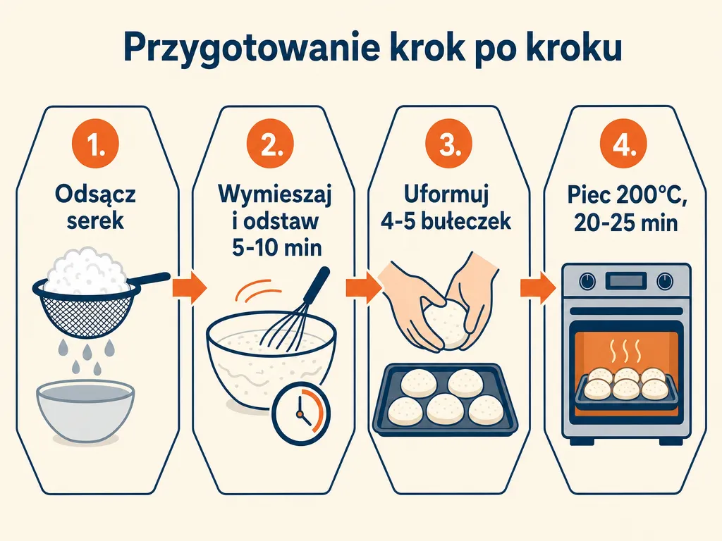 Diagram czterech kroków przygotowania bułek z serka wiejskiego bez mąki