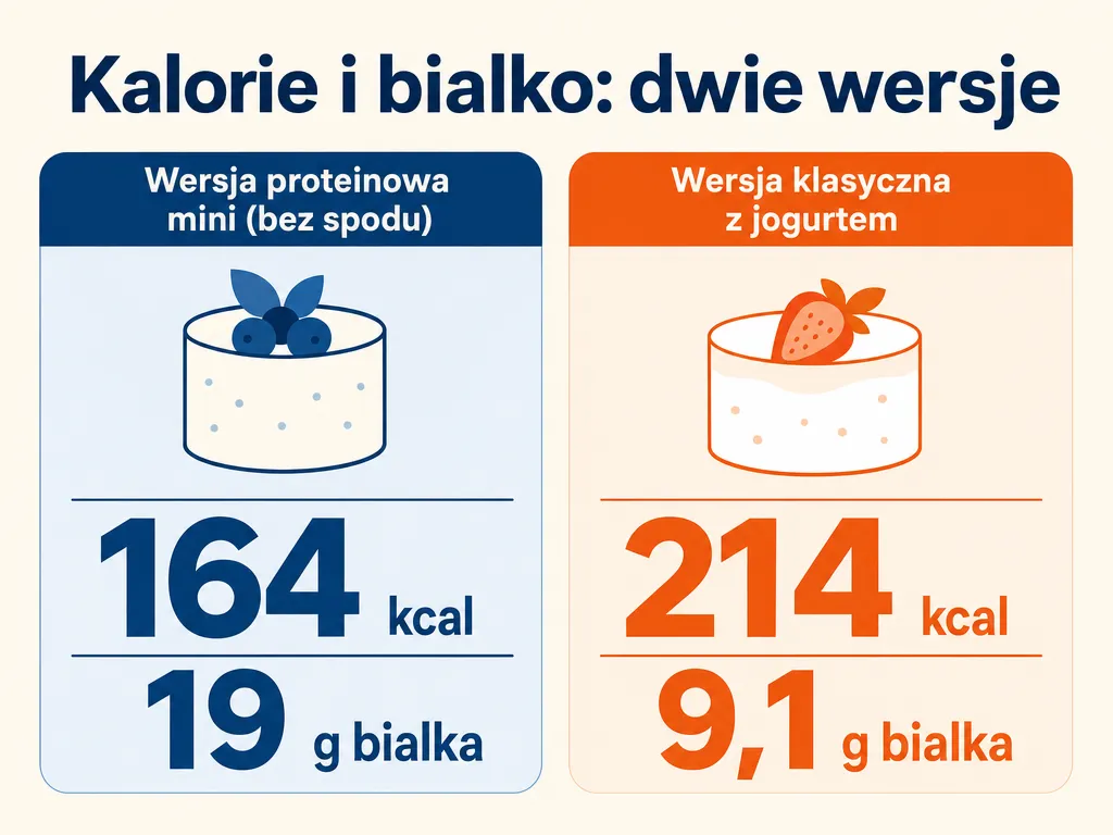 Infografika porównująca kalorie i białko w wersji proteinowej (164 kcal, 19 g białka) i klasycznej (214 kcal, 9,1 g białka) sernika