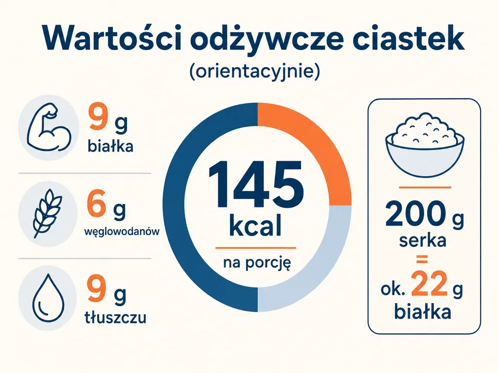 Infografika wartości odżywczych ciastek z serka wiejskiego: 145 kcal, 9 g białka, 6 g węglowodanów, 9 g tłuszczu