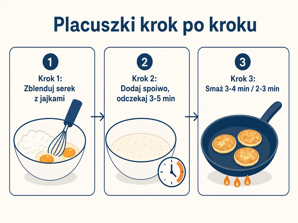 Diagram trzech kroków przygotowania placuszków z serka wiejskiego bez mąki