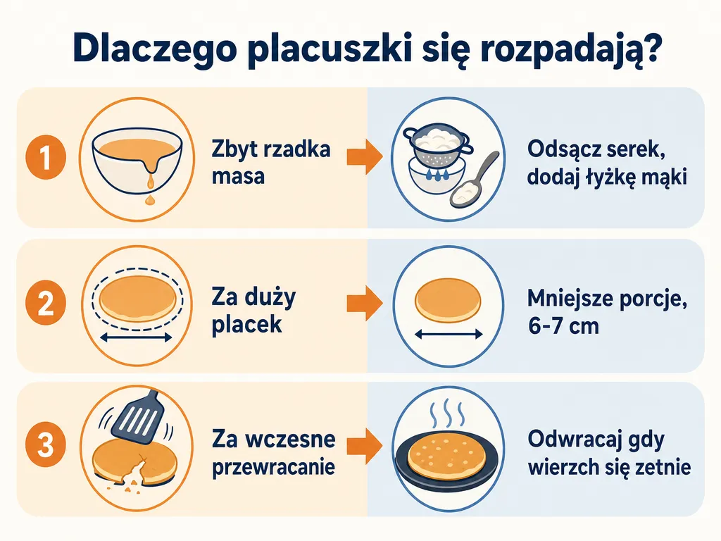 Infografika trzech przyczyn rozpadania się placuszków bez jajek wraz z rozwiązaniami