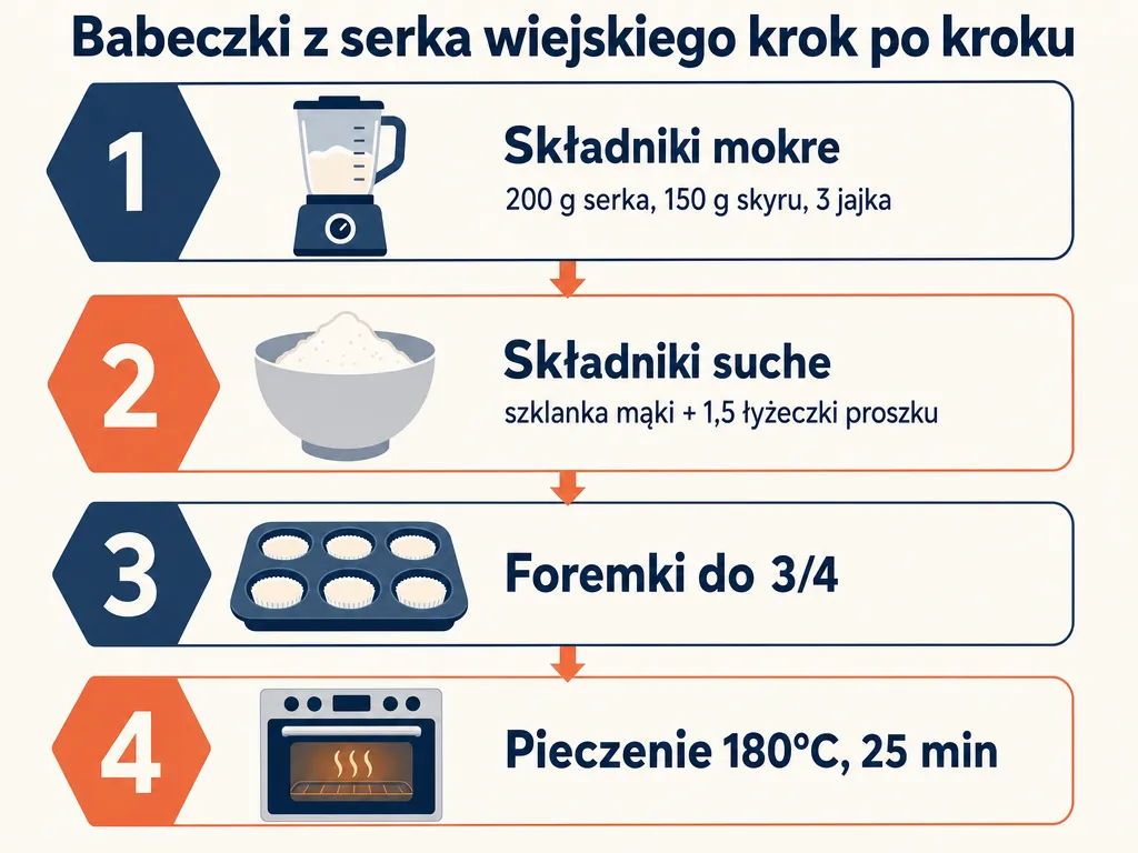 Diagram krok po kroku jak zrobić babeczki z serka wiejskiego w czterech etapach