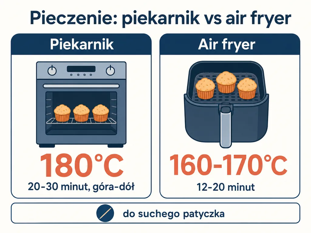Infografika porównująca pieczenie babeczek w piekarniku i air fryerze z temperaturą i czasem
