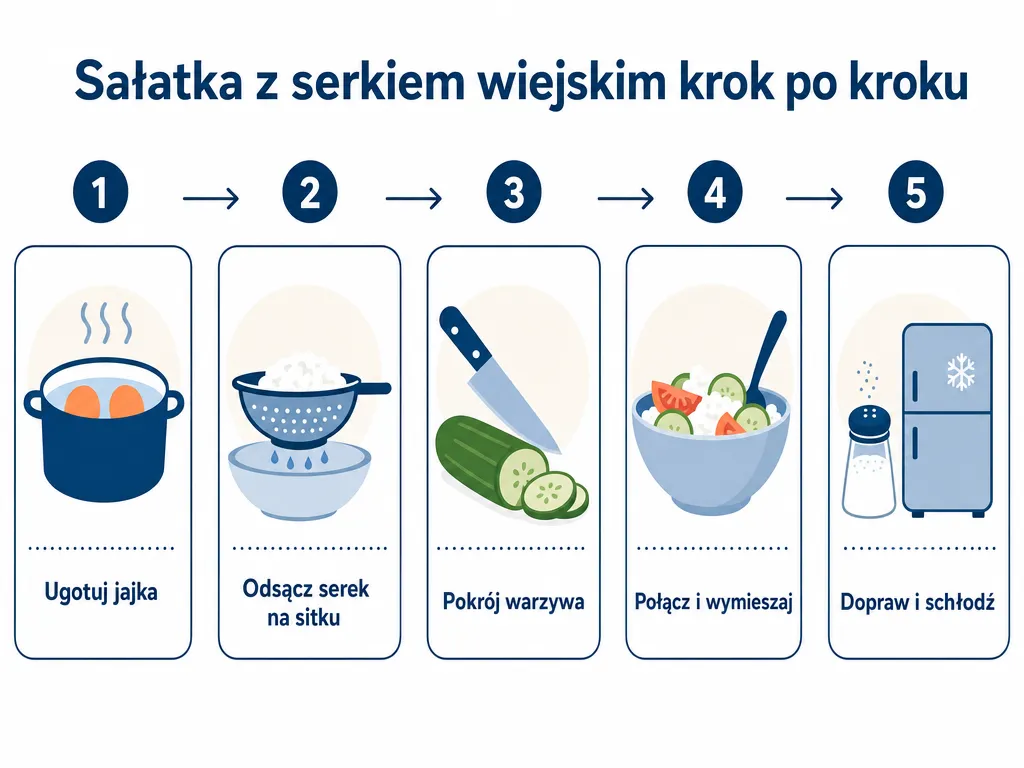 Diagram krok po kroku pokazujący przygotowanie sałatki z serkiem wiejskim w pięciu etapach